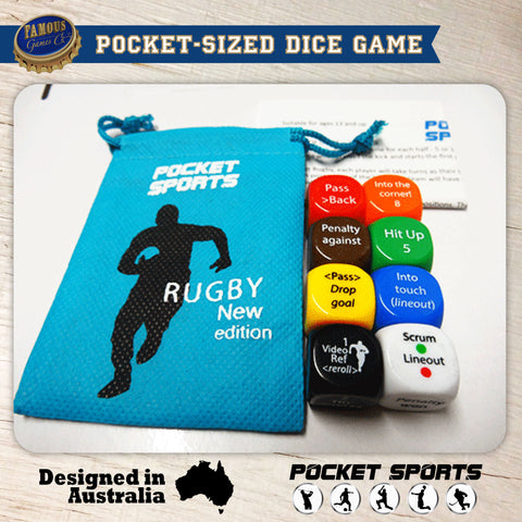 Pocket Rugby Dice Game: a pocket-sized Rugby League & Rugby Union dice game designed in Australia by Pocket Sports - product photo
