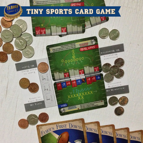 Tiny two player football card game, Famous First Downs by Famous Games Co. (photo: game in play)