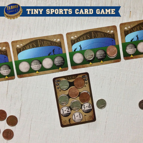 Tiny two player golf card game, Famous Fairways by Famous Games Co. (photo: game in play)