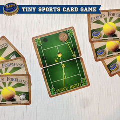 Tiny two player tennis card game, Famous Forehand by Famous Games Co. (photo: game in play)