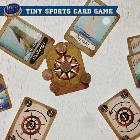 Tiny two player yacht racing card game, Famous Flagships by Famous Games Co. (photo: game in play)