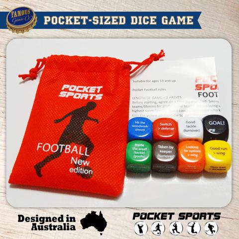 Pocket Football (Soccer) Dice Game: a pocket-sized soccer dice game designed in Australia by Pocket Sports - product photo